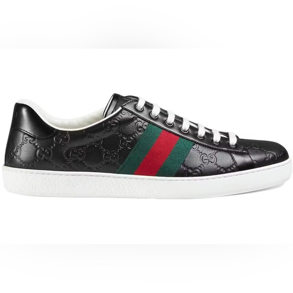 GUCCI Ace Signature Sneaker Embossed Black Monogram Leather Stripe - Picture 2 of 10